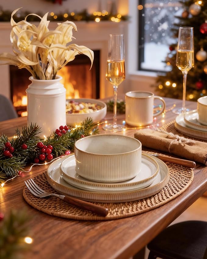 famiware Star Plates and Bowls Sets, Modern Stoneware Dinnerware Sets for 8, 24-Piece Kitchen Dish Set - Microwave and Dishwasher Safe, Chip and Scratch Resistant, Cappuccino White