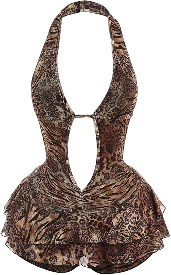 Verdusa Women's Y2K Leopard Print Halter Romper Backless Sleeveless Layered Ruffle One Piece Outfit