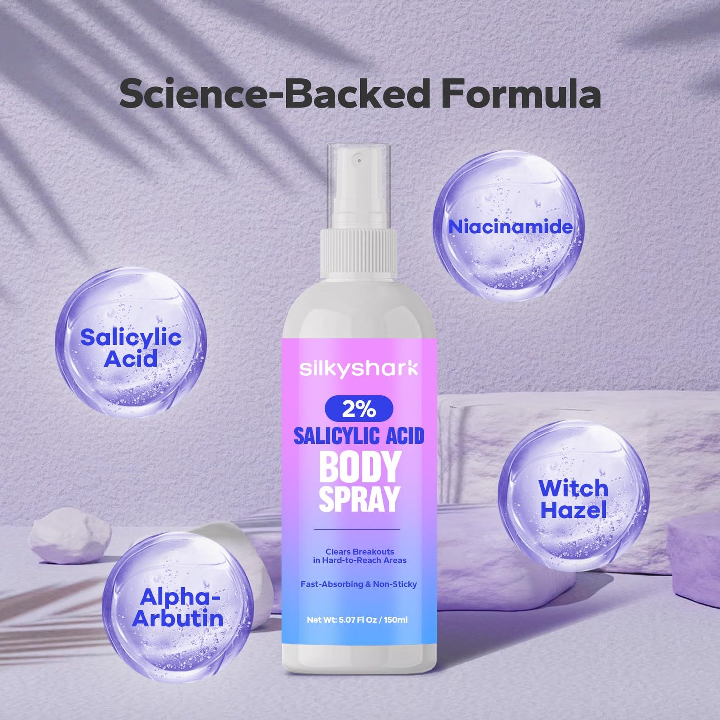 SilkyShark Salicylic Acid Spray (5.07 Fl Oz), 2% Salicylic Acid Body Spray, Body Acne Treatment for Bacne, Blackheads & Blemishe