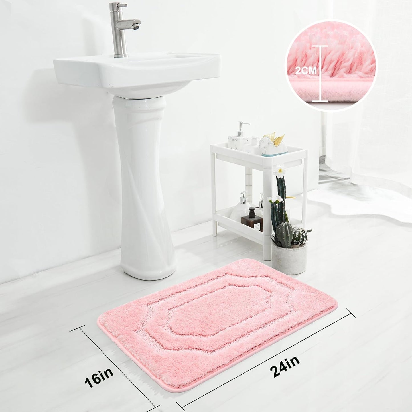 BEQHAUSE Bathroom-Rugs-Non-Slip-Bath-Mats for Bathroom Soft and Absorbent Polyester Microfiber Pink Bath Mat Machine Washable Shaggy Shower Mat for Bathrooms, Bathtub and Sink, 16" x24"