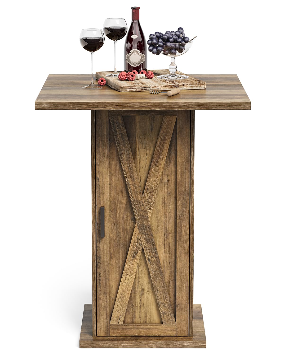 LITTLE TREE Bar Table with Storage Cabinet, 39.4" H Square High Top Pub Table, Wood Bistro Cocktail Table, Farmhouse Design with 3-Tier Cabinet for Pub, Bistro, Bar, Coffee, Dining Rustic Brown