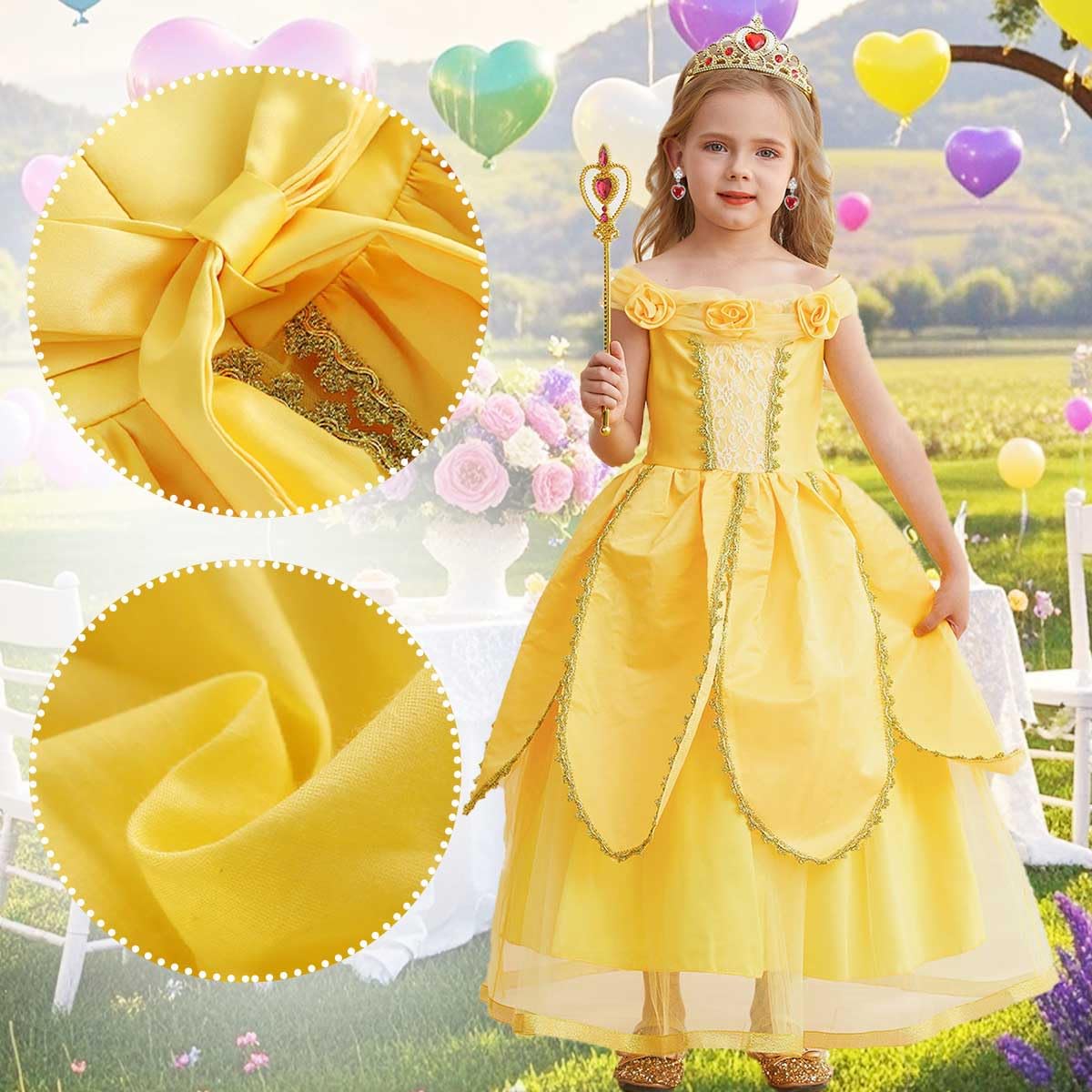 iTVTi Princess Belle Dress up Costume for Girls Yellow Dresses Halloween Cosplay Birthday Outfit with Accessories, Yellow, 5-6 Years(Tag 130)