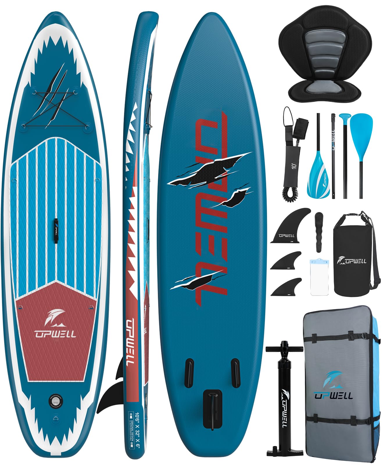 UPWELL 10’6”Inflatable Stand Up Paddle Board with Seat, SUP Inflatable Paddle Boards for Adults Paddleboards, Blue Shark