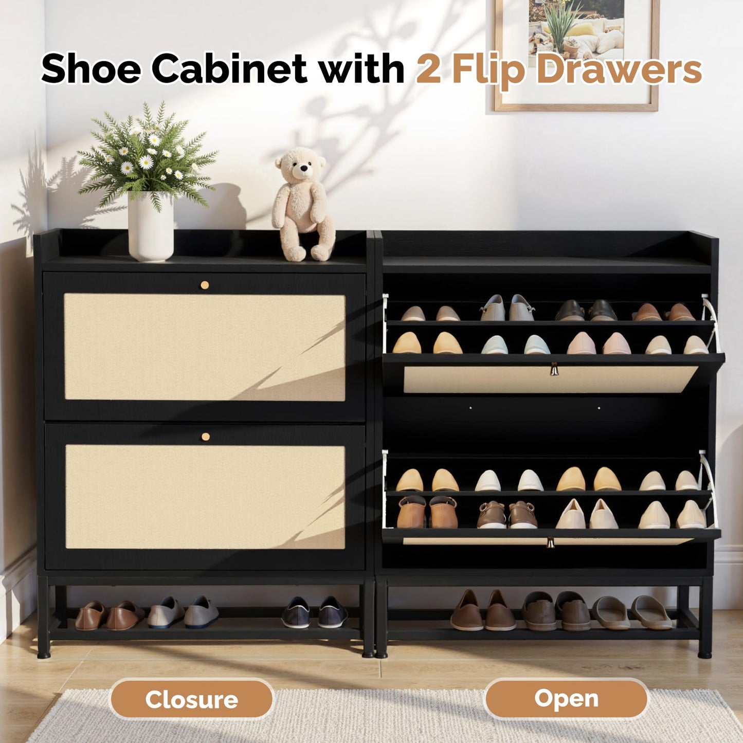 Aivermeil Slim Entryway Shoe Storage Cabinet with 2 Flip Drawers, Modern Freestanding Shoes Organizer Holds 16-20 Pairs, Closed Shoe Storage for Hallway, Foyer - Space-Saving Wood Shoe Rack