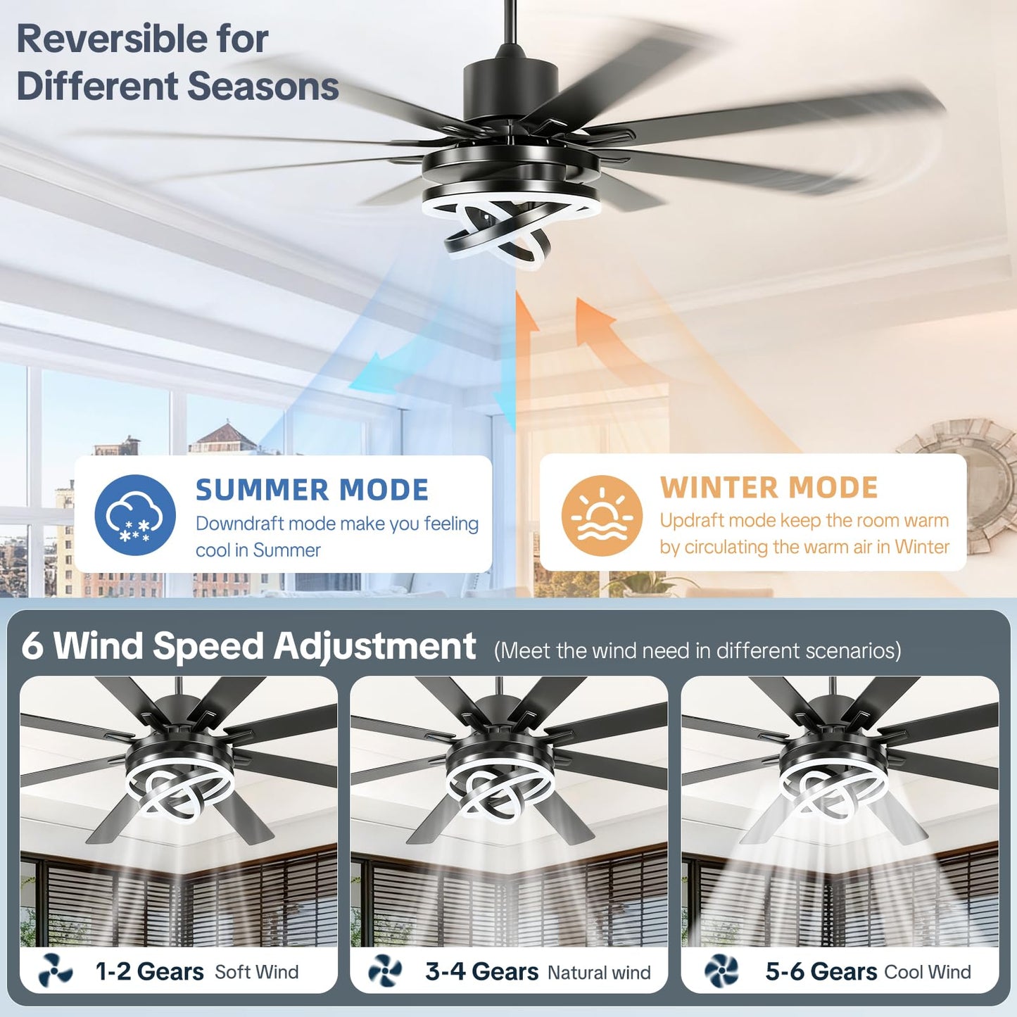 TIRUSUN 72 Inch Chandelier Ceiling Fans with Lights, Large Modern Ceiling Fan with Remote Control for Living Room Kitchen, Dimmable, 6 Speed Reversible DC Motor, Dual Finish，Black