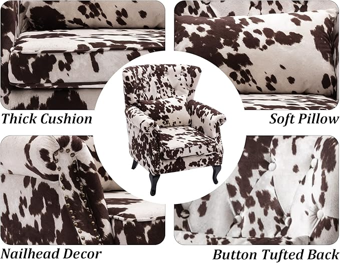 DM Furniture Set of 2 Mid-Century Modern Accent Chair, Velvet Armchair w/Tufted Back/Wood Legs, Upholstered Lounge Arm Chair Single Sofa for Living Room Bedroom, Cow Print