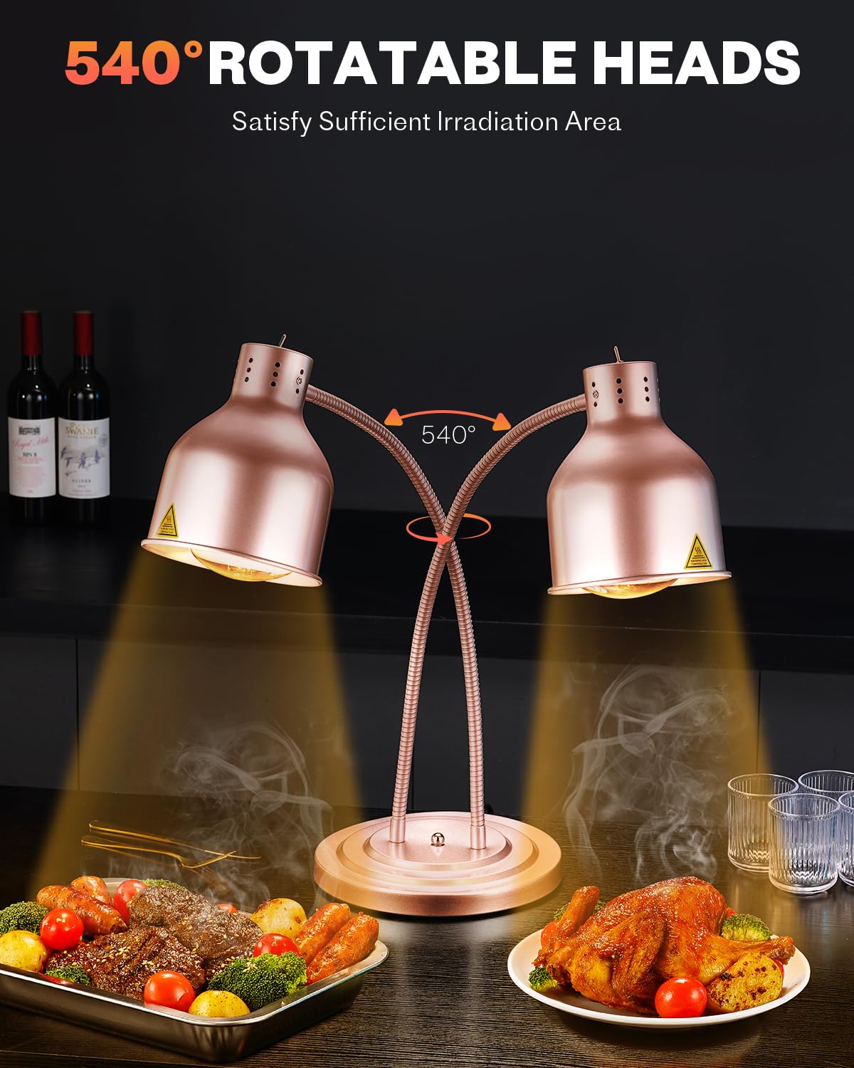 RVGMBO Food Heat Lamp - [3 Bulbs Included] [Rapid-Heating], 500W Commercial Food Warmer Light, Heat Lamp for Food, Catering Warming Lamp for Buffet Parties, Painted Copper,N2