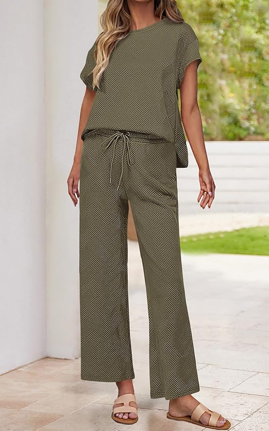 PRETTYGARDEN 2 Piece Outfits For Women Casual Tracksuit Short Sleeve Tops And Wide Leg Long Pants Matching Lounge Sets