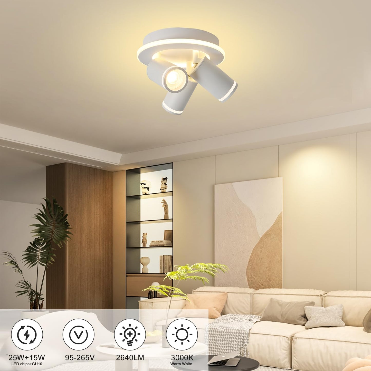 LED 3 Light Track Lighting Kit, White Round Ceiling Spot Lighting Fixture with Flexibly Rotatable Heads, Modern Spotlight for Kitchen, Living Room, Bedroom, Dual Lighting Design,Includes 3 x GU10 Bulb