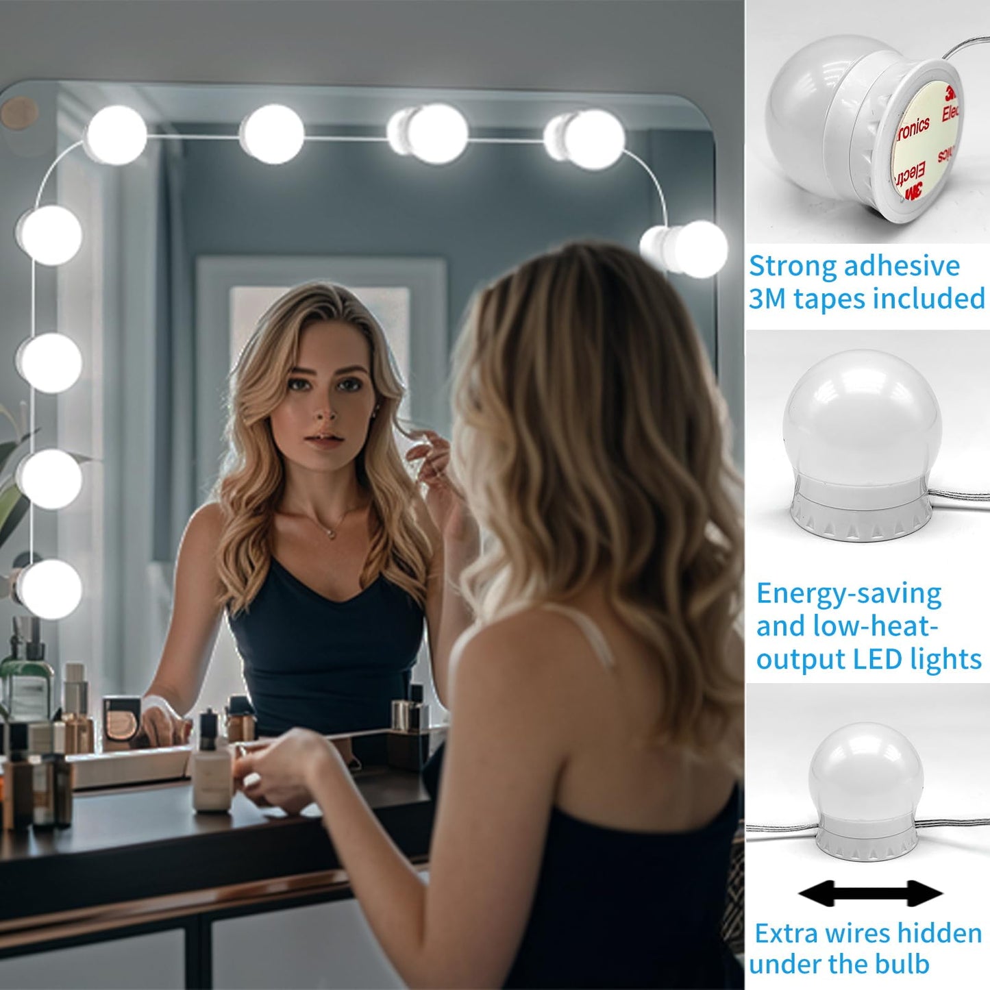 LED Vanity Mirror Lights with 14 Dimmable Bulbs, 3000K 4500K 6500K & 10 Brightness Levels Adjustable, Plug in USB Cable, Hollywood Style Stick On Mirror Lights for Makeup Desk Bathroom Dressing Room