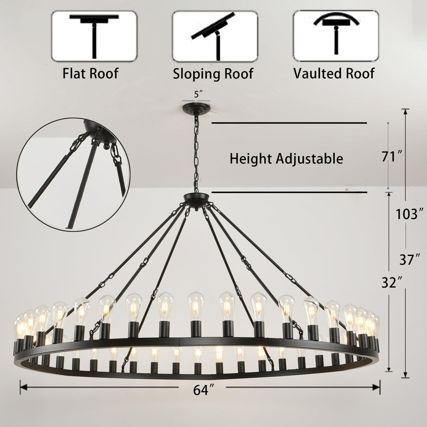 SARUDIIR Extra Large Wagon Wheel Chandelier Farmhouse 64" 42-Light Black Farmhouse Round Wheel Chandelier Light fixtures for Outdoor Porch high Ceilings Dining Room Living Room