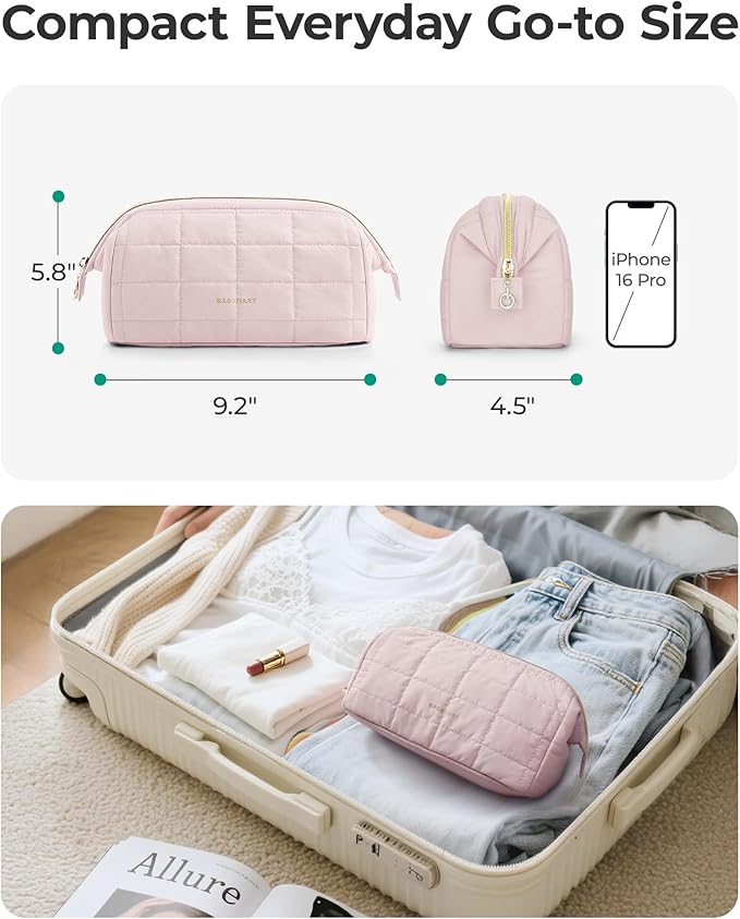 BAGSMART Makeup Bag Travel Cosmetic Bag, Puffy Padded Make Up Bags for Women Makeup Organizer Case, Wide-open Pouch Purse Travel Essentials Toiletries Accessories Brushes, Mossy Green