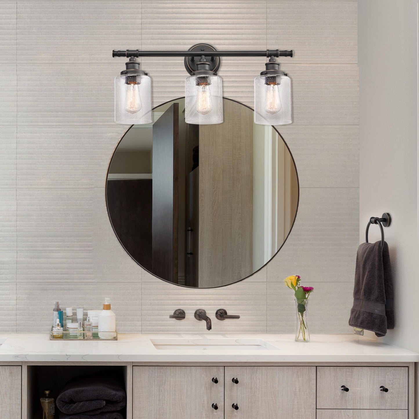 Globe Electric 51415 Camden 5-Piece All-in-One Bathroom Set, 3 Vanity Light with Seeded Glass Shades, Bar, Towel Ring, Robe Hook, Toilet Paper Holder, Bronze