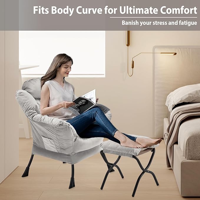 Youtanic Lazy Chair with Folding Ottoman, Accent Chair Velvet Upholstered with Metal Structure and Non-Slip Pads, Sofa Armchair with Footrest and Side Storage Bag for Dorm, Room, Office, Light Gray