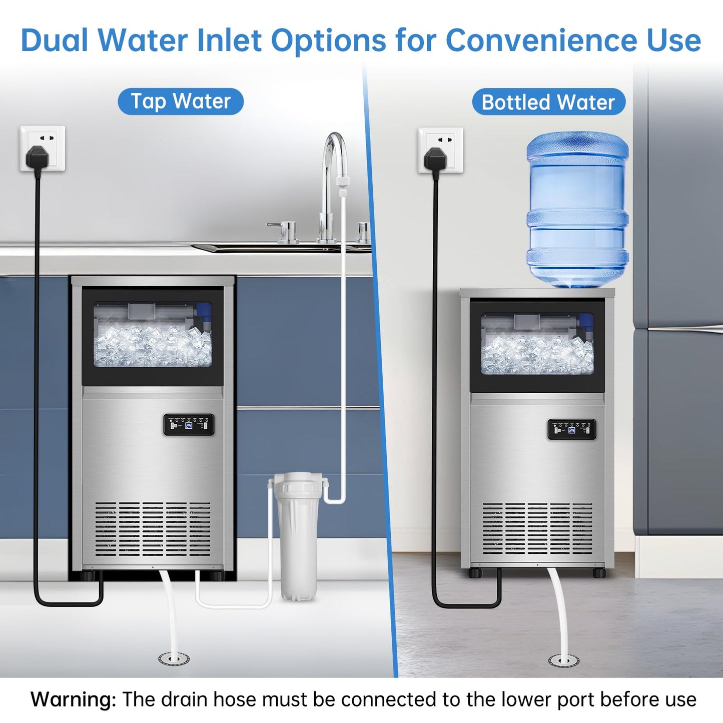 Ice Machine Commercial Ice Maker Machine, 150 Lbs /24H, 30 lbs Bin, Under Counter Built-in or Freestanding, Stainless Steel Household Use, Restaurant Bar Kitchen Cafe