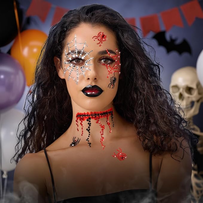 YGDZ Face Gems Stick On, Halloween Face Jewels, Spider Web Silver, Black, Red Face Gems for Halloween Face Makeup, Face Hair Rhinestones Stickers for Women, Kids