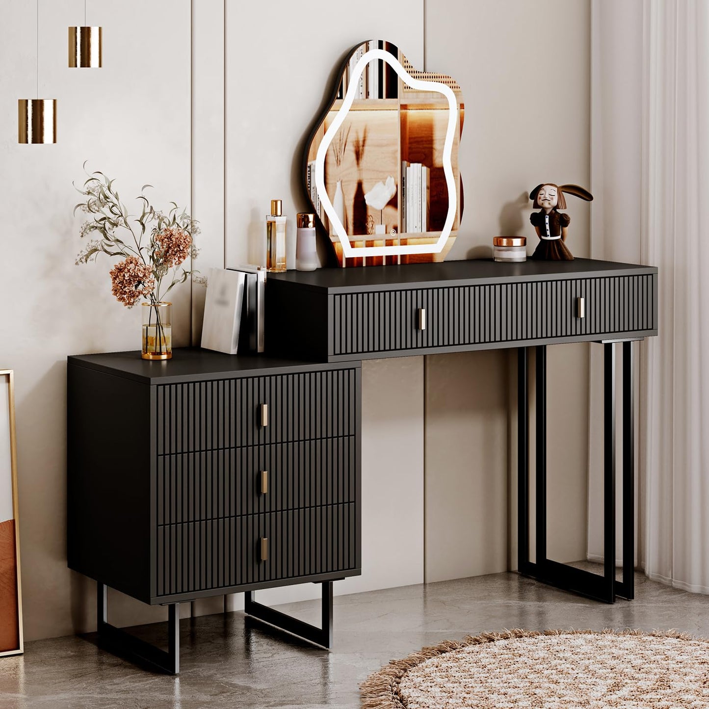 Ieejdn Black Vanity Desk with Mirror and Lights,Small Makeup Vanity with 5 Drawers, Modem Makeup Table with Adjustable Cabinet for Bedroom,Makeup Room