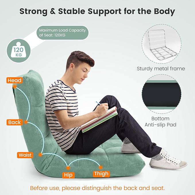 MAT EXPERT 14-Position Floor Chair, Floor Gaming Chair w/Soft Coral Fleece, Alloy Steel Frame, Padded Lazy Couch Recliner, Floor Chair with Back Support for Reading, Meditating (Green)