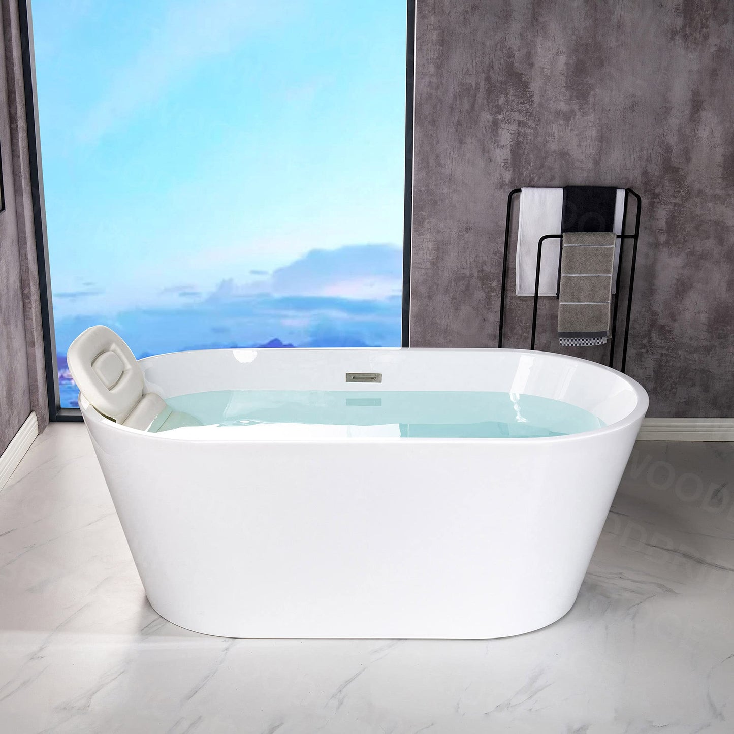 WOODBRIDGE 54" Acrylic Freestanding Bathtub Contemporary Soaking White Tub with Brushed Nickel Overflow and Drain，BTA1702-B/N