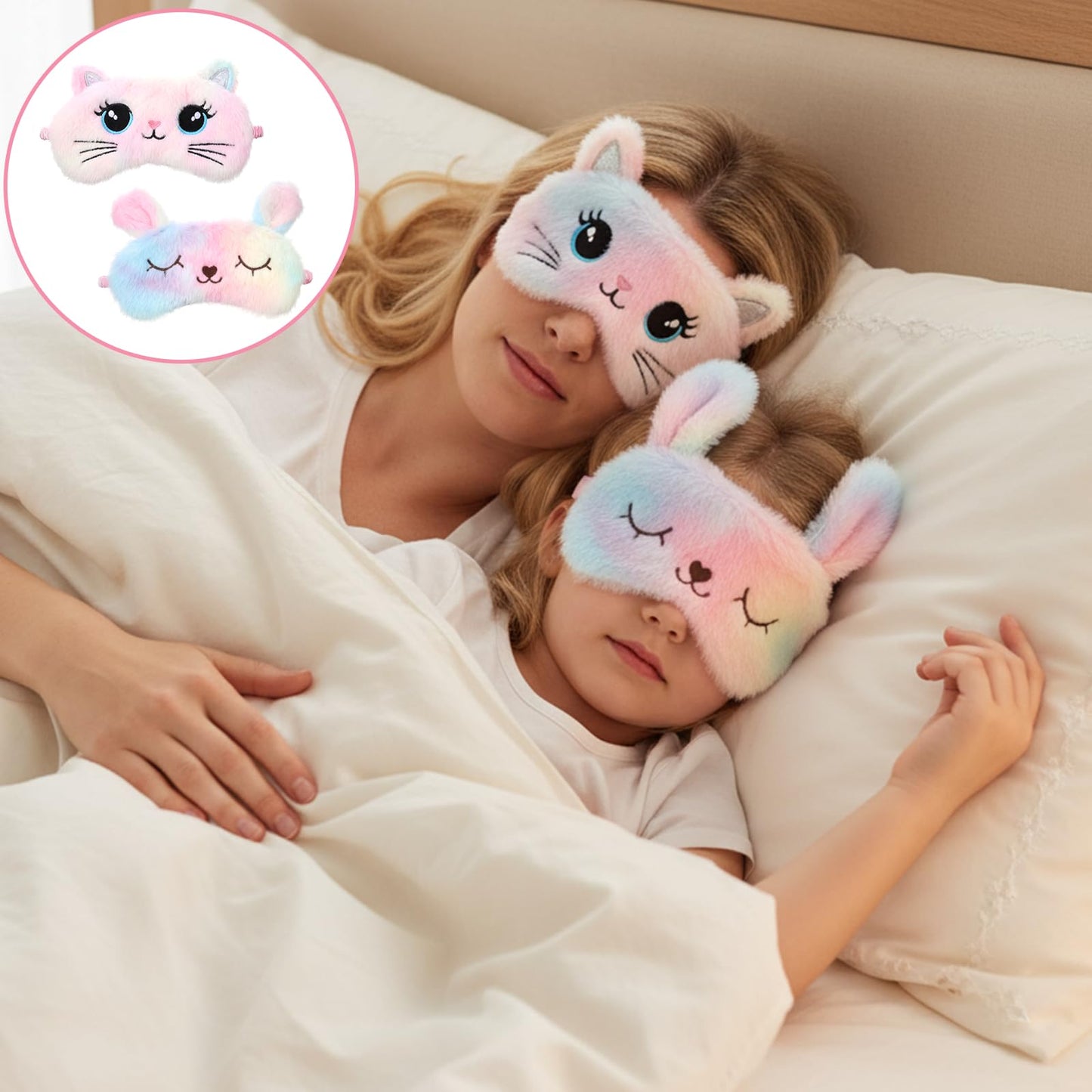 Plush Sleep Mask, 2 Pcs Cute Soft Sleeping Eye Mask Colorful Plush Eye Covers for Sleeping Comfortable Funny Animal Night Sleep Masks for Women Home Travel Sleepover Party (Cat, Rabbit)