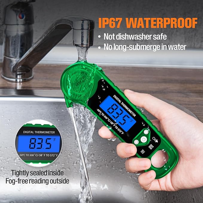 Digital Meat Thermometer for Grilling, Candy Thermometer Instant Read Food Thermometer Waterproof with Backlight for Cooking, Deep Fry, BBQ, Grill, Smoker and Roast (Green)