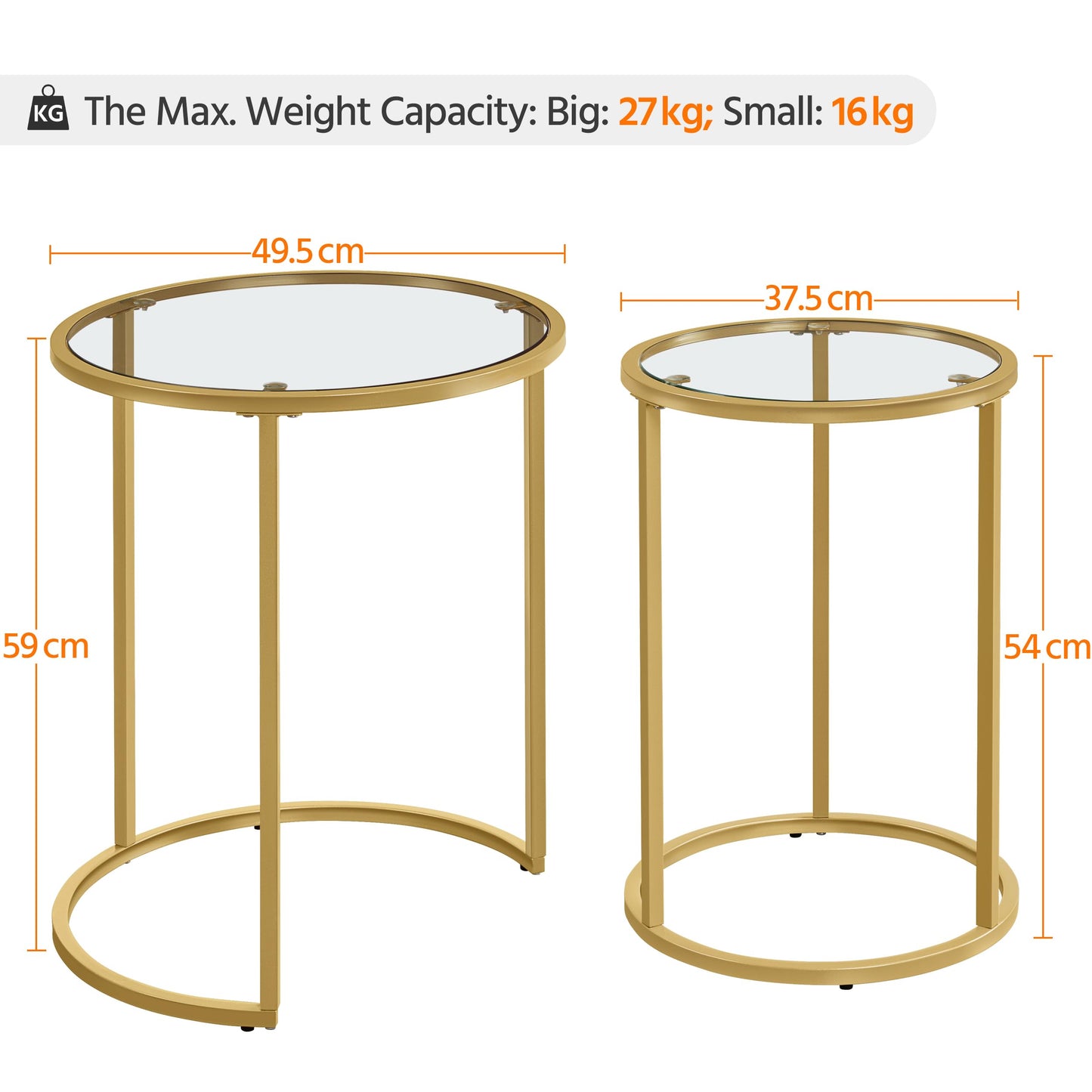 Yaheetech Round Nesting Coffee Tables Set of 2, Glass Top Side Table End Tables with Metal Frame for Living Room Bedroom Office, Gold