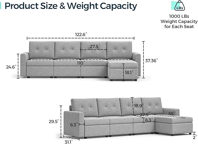 LINSY HOME Modular Sectional Sofa Oversized, Rubik III Removable Cover Living Room Couches with Storage Deep Seat & Ottoman Chaise L/U Shaped Sofa Modern Couch (Grey)