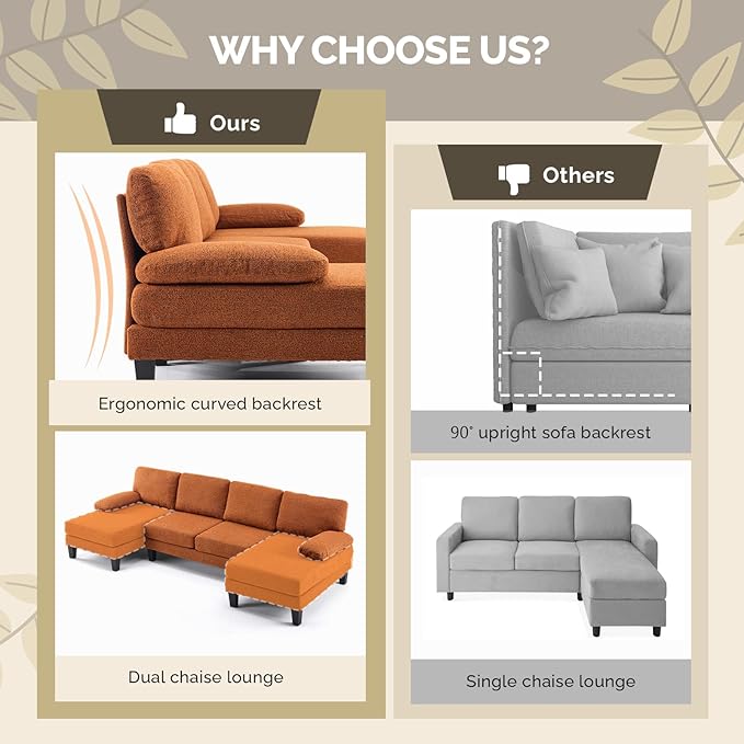 VINGLI 110' U-Shaped Sectional Couch with Two Chaise, Affordable Small Sofa with 4 Seats, Chenille Fabric Comfy Couches for Living Room, Orange