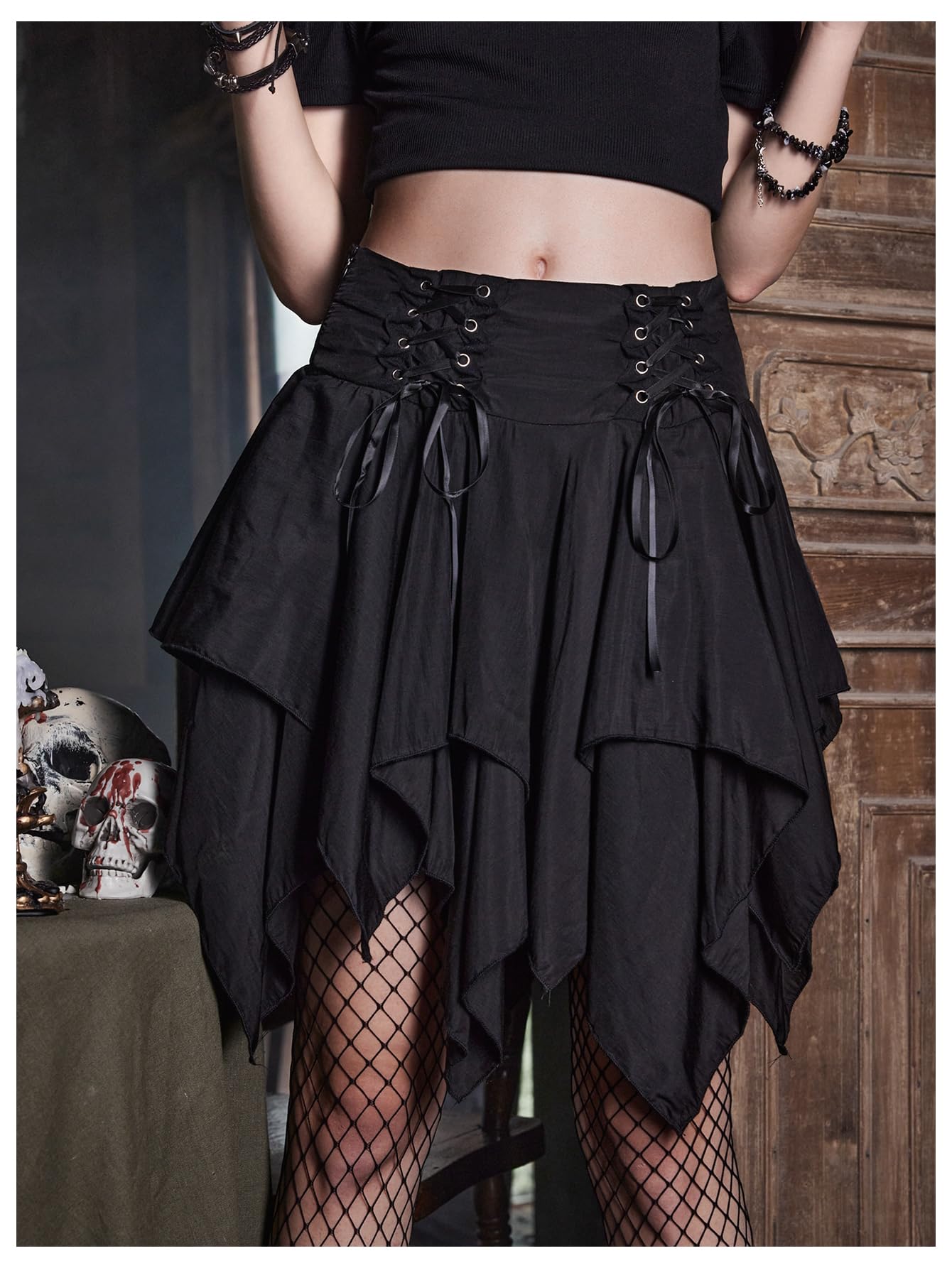 Verdusa Women's Goth Fairy Layered Skirt Renaissance Skort Lace Up Asymmetrical Mini Skirts Black Small