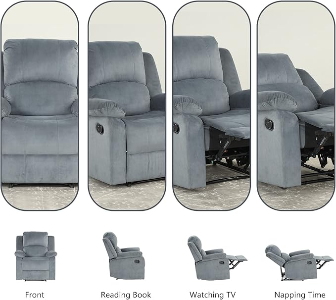 CANMOV Manual Recliner Chair, Soft Fabric Overstuffed Recliner Single Sofa Chair for Living Room, Heavy Duty and Safety Reclining Mechanism (Blue Grey)