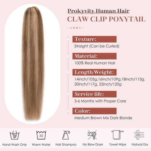 Human Hair Claw Clip Ponytail, Claw Clip Human Hair Ponytail,Effortless Application with Secure Hold,Style in Seconds,Quick Styling Solutions for Busy Lives 16"/109g Medium Brown Mix Dark Blonde