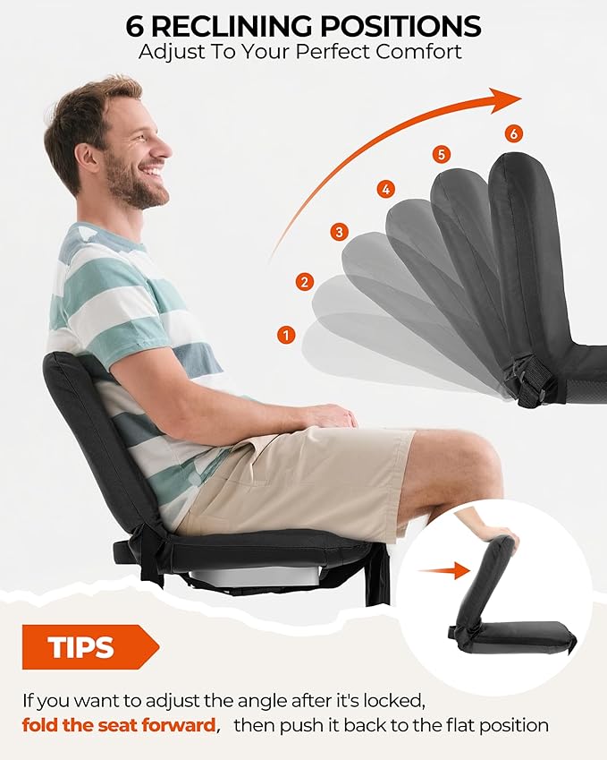 Sportneer Stadium Seats with Back Support: 6 Reclining Position Folding Bleacher Chairs with Back and Cushion - Padded Bleacher Seats with Shoulder Strap & Storage pocket for Events, Outdoors, Camping