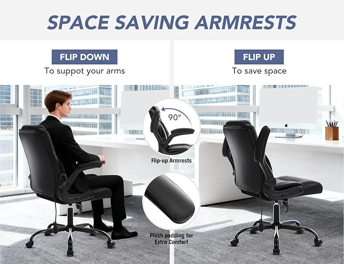 Office Chair with Adjustable Inflatable Lumbar Support,Leather Ergonomic Computer Desk Chair with Flip-up Arms,Adjustable Tilt Lock,Swivel Rolling Executive PC Chair for Work,Study,Meeting.Black