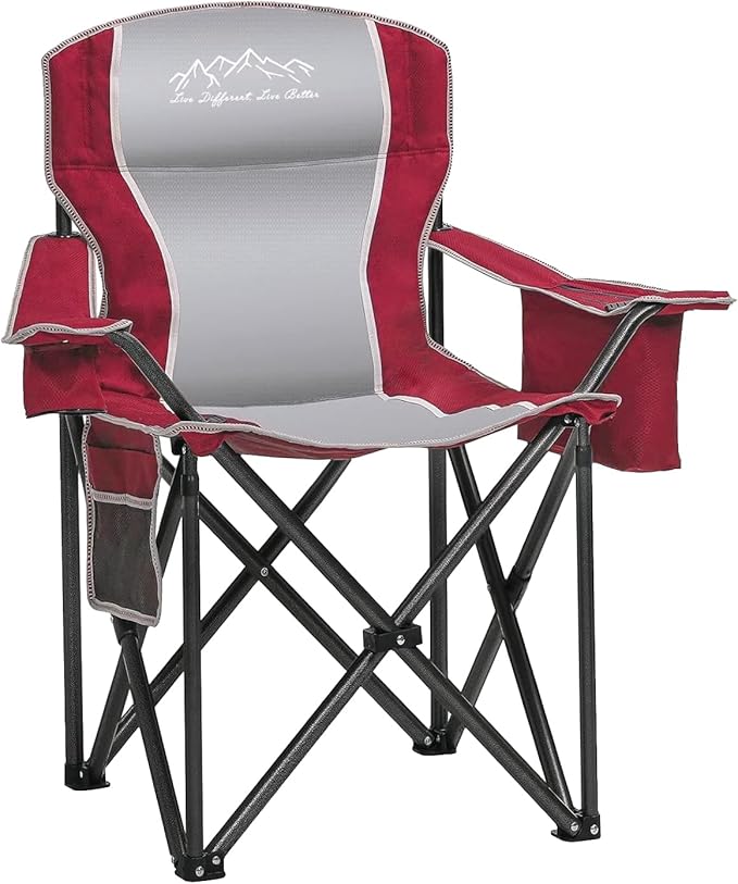 SAILARY Camping Chair Heavy Duty High Back Folding Chair with Cup Holder, 450lbs Capacity, Padded Seat, Cooler Bag & Storage Pocket, Portable for Outdoor, Beach, Fishing, Sports, Red