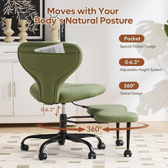 YFO Ergonomic Cross Legged Office Chair and ADHD Meditation Chair with Silent Wheels for Home Office Desk Chair and Yoga, Wider Backrest Support and Storage Pockets Design, PU Leather, Green