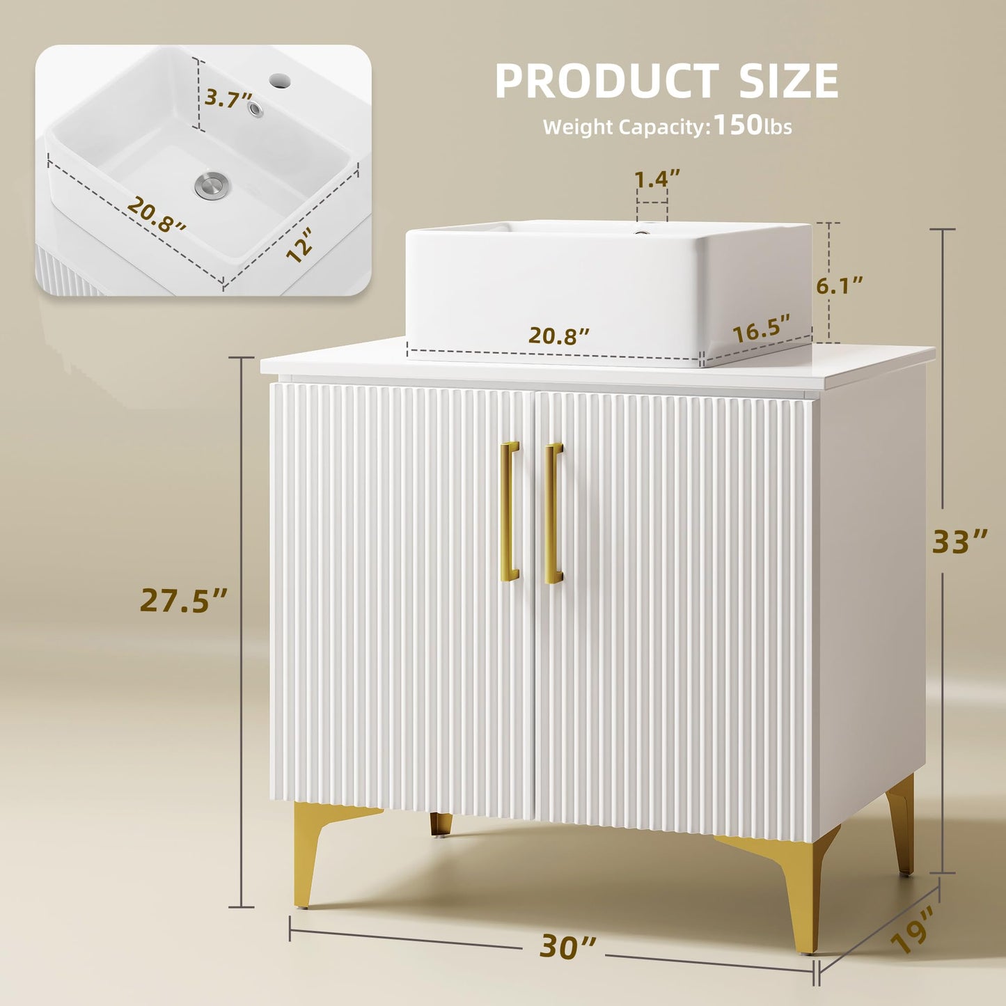 YITAHOME 30 Inch Bathroom Vanity with Ceramic Vessel Sink, Modern Vanity Cabinet with Gold Handles, Pre-drilled Faucet Hole, Soft Close Doors for Bathroom