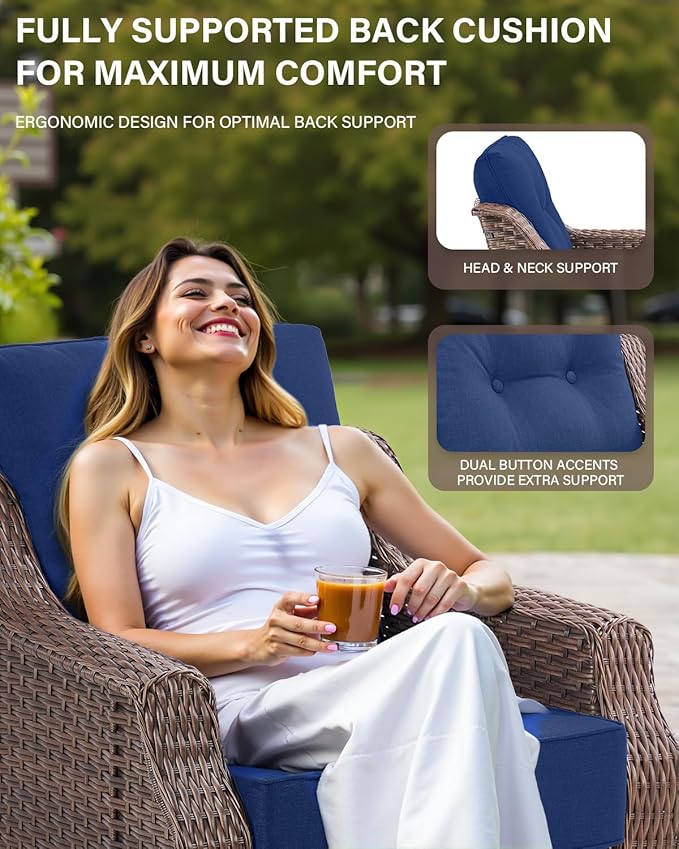 Belord Luxurious 7 Piece Patio Furniture Set with Fire Pit Table, High Back Swivel Rocker Glider Outdoor Chairs with 6" Blue Cushion, All-Weather Patio Conversation Set for Yard Garden Brown Wicker