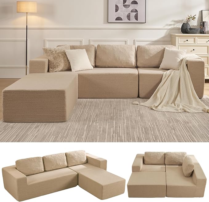 Furnify 106" 3-Seater Sofa, Cloud Modular Sofa with Certified Foam, Upholstered Floor Sofa with Deep Seat, Upholstered Sofa for Bedroom Living Room, No Assembly Required (Teddy Boucle, Camel)
