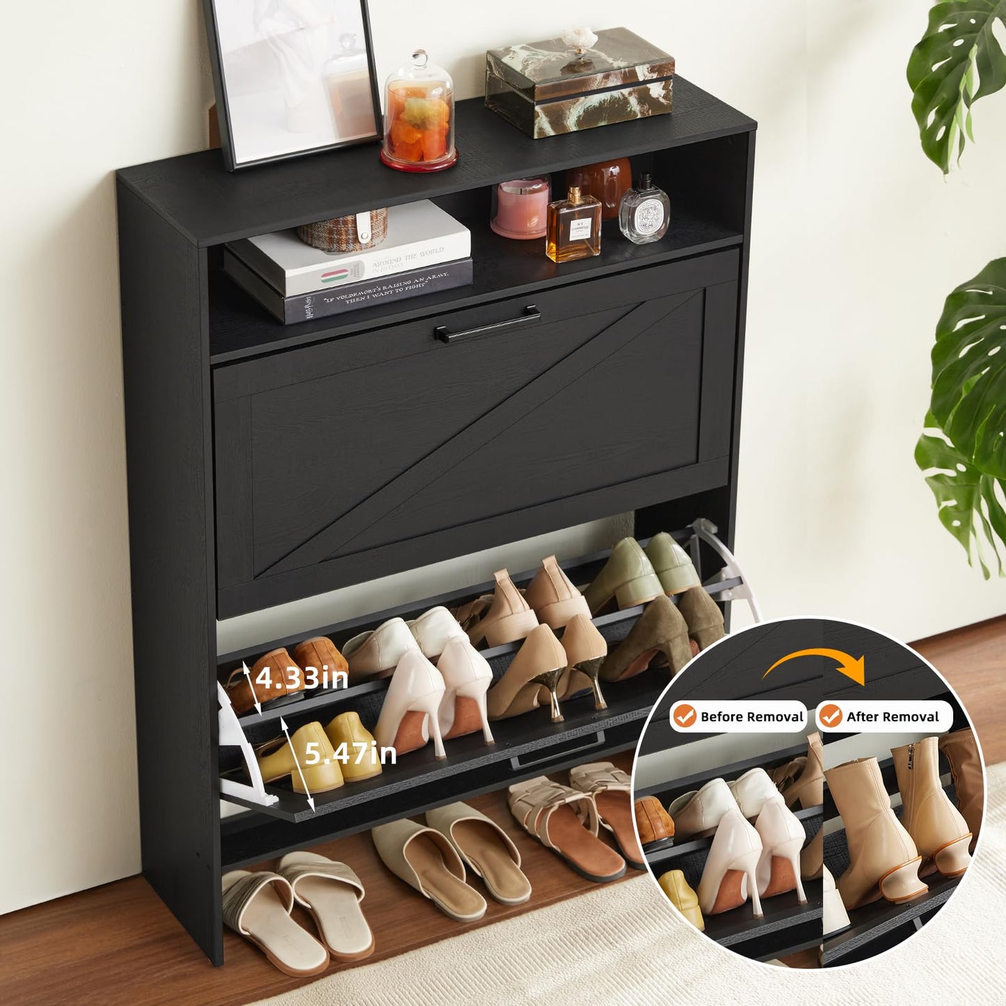 RWYHG Shoe Storage Cabinet with 2 Flip Drawers,Farmhouse Narrow Shoe Organizer with Legs,Freestanding Hidden Slim Shoe Rack Cabinet with Open Storage for Entryway,Hallway, Foyer, Black