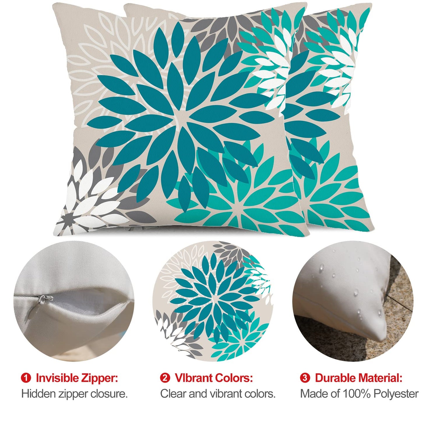 DFXSZ Dark Blue Green Outdoor Pillow Covers 18X18 Inch Set of 2 Spring Teal Flower Pillow Case Outdoor Waterproof Decor for Patio Funiture Garden Polyester Pillow Covers 002D18