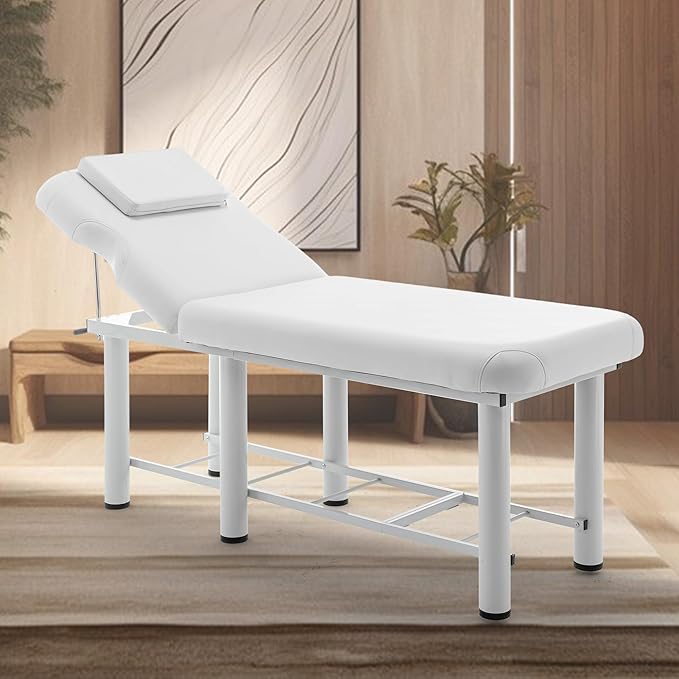 Professioanl Massage Table w/Adjustable Backrest for Treatment Table Spa Facial Bed Barber Beauty Equipment, Metal Frame PU Leather, Removable Headrest Salon Bed, White