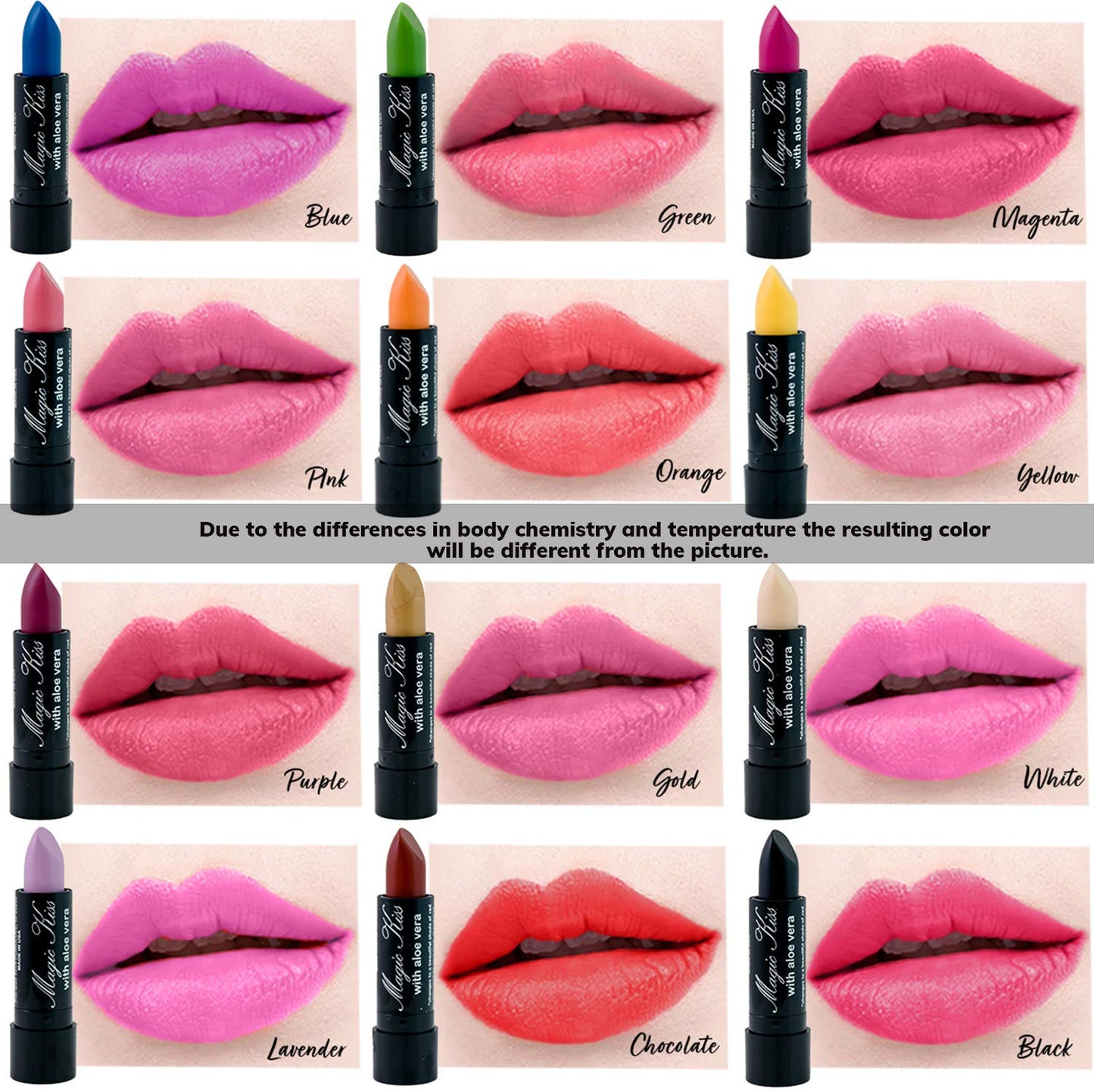 Magic Kiss Pack of 12 Color Changing Aloe Vera Lipstick set, MADE IN USA (Chocolate)