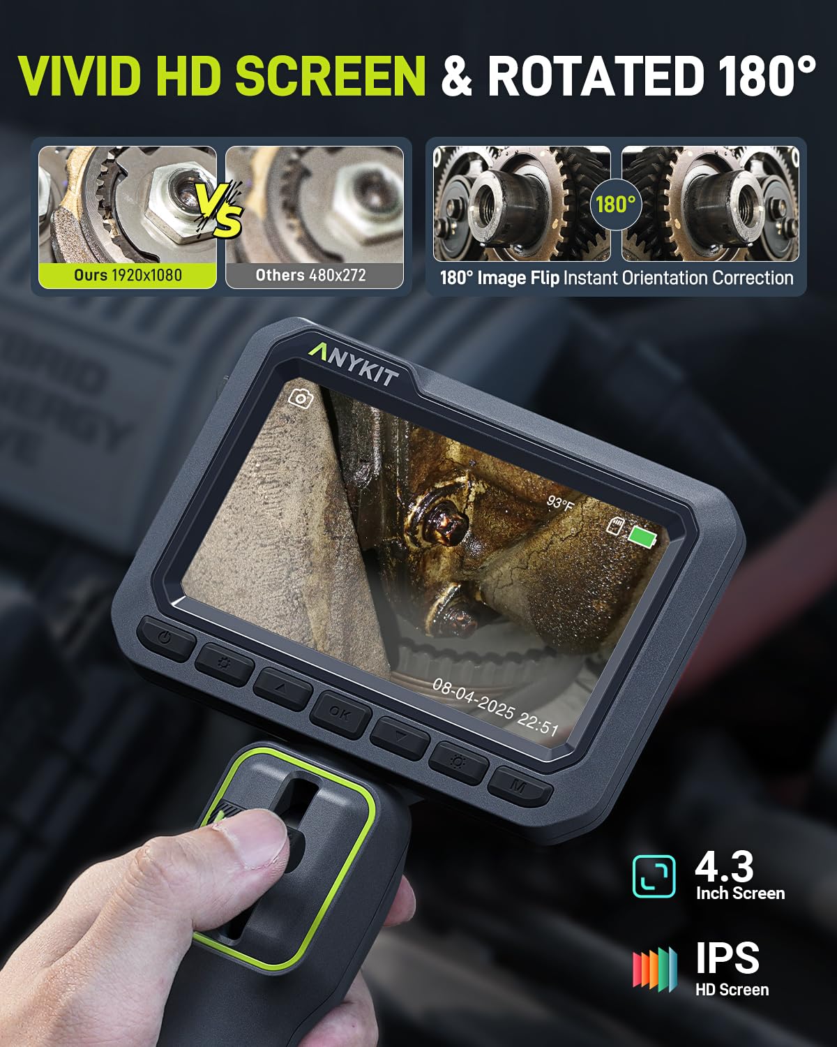 Anykit Articulating Borescope, 210° Two-Way 0.22in Slim Probe Endoscope with High-Brightness LED Lights, 4.3" IPS HD Video Inspection Snake Camera for Automotive Engine Inspect - 4FT