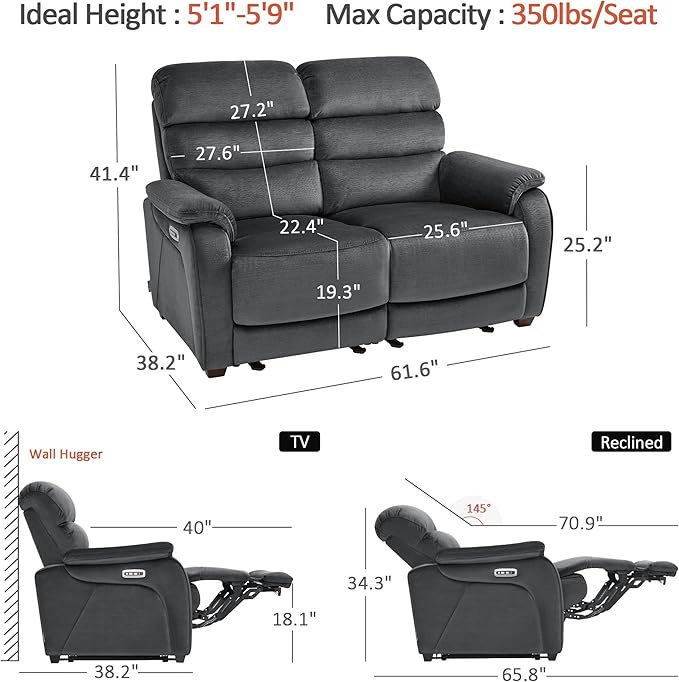 MCombo 61.6'' Wall Hugger Power Loveseat Recliner, Reclining Loveseat with Adjustable Headrest, USB Charge Ports, Wood Legs for Living Room, RVs, Small Spaces, Fabric ST258M1 (Loveseat, Dark Grey)