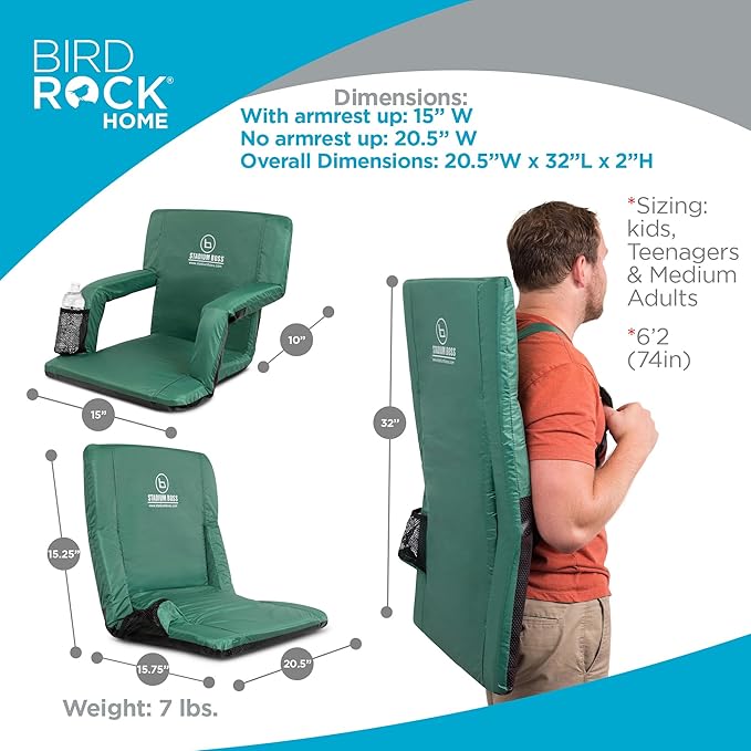 Stadium Boss Recliner Stadium Seat for Bleachers, Benches, Lawns, Backyard, Camping & Beach – Padded Sport Chair, Cushion Backs & Armrest – 6 Reclining Positions – Portable Carry Straps – Dark Green