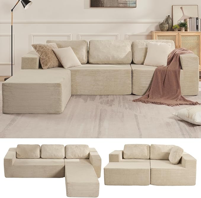 Furnify Loveseat Sofa, Cloud Modular Sofa Couch, Upholstered Floor Sofa with Deep Seat, Upholstered Foam Couch for Bedroom Living Room, No Assembly Required (Corduroy Fabric, Beige)