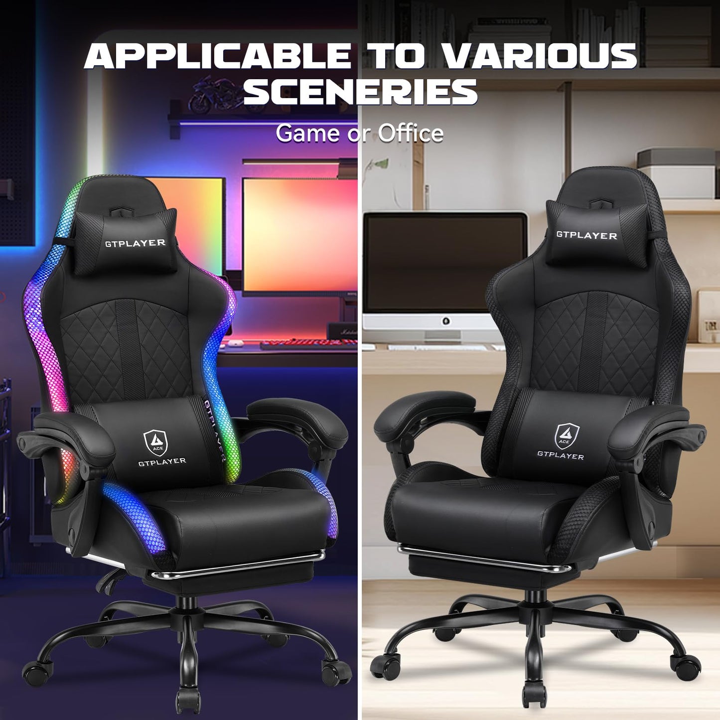 GTPLAYER RGB Gaming Chair with Speakers, Computer Gamer Chair with Footrest and LED Lights, PC Gamer Chairs for Adults, High Back Reclining Office Chairs, Linkage Armrest (Black, with Speakers)