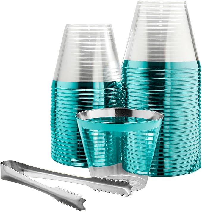 100 Teal Rimmed Plastic Cups and 1 Silver Ice Tong Set - 9 Ounce Disposable Wine Glasses - Plastic Cocktail Glasses - Fanc...