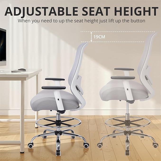 Heavy Duty Office Drafting Chair, High Back Ergonomic Chair,400Lbs Tall Office Chairs, Big and Tall Office Chair with Flip-up Armrest Lumbar Support and Footrest, Adjustable Counter Height Chairs