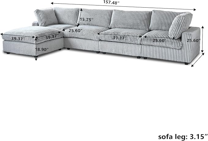 Modular Sectional Sofa/ 158inch Cloud Couches with Ottoman for Living Room/Soft Faux Rabbit Fur L Shaped Couch with Chaise,5 Seater Wide Convertible Sofa,Covers Washable&Replaceable,Grey